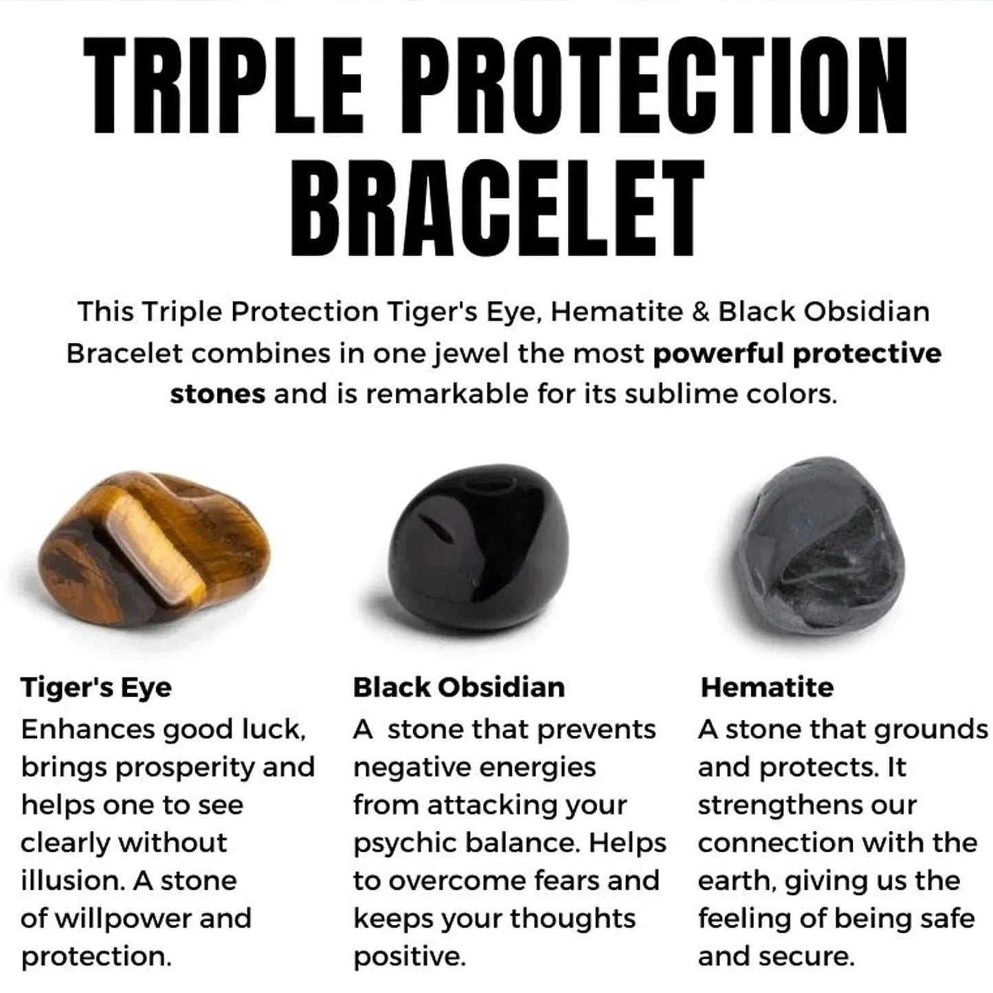 Triple Protection Bracelet for Men & Women | Tiger Eye, Black Obsidian & Hematite Crystal Bracelet | Protection from Negative Energy, Confidence, Grounding & Good Luck Bracelet