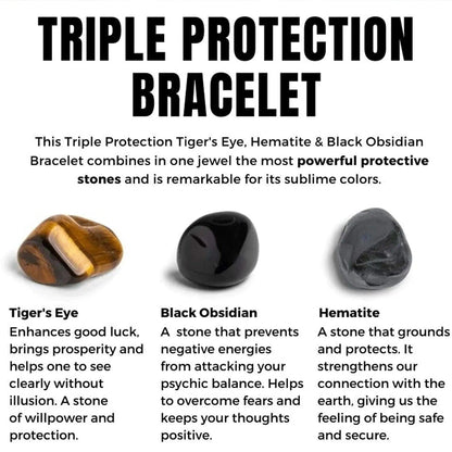 Triple Protection Bracelet for Men & Women | Tiger Eye, Black Obsidian & Hematite Crystal Bracelet | Protection from Negative Energy, Confidence, Grounding & Good Luck Bracelet