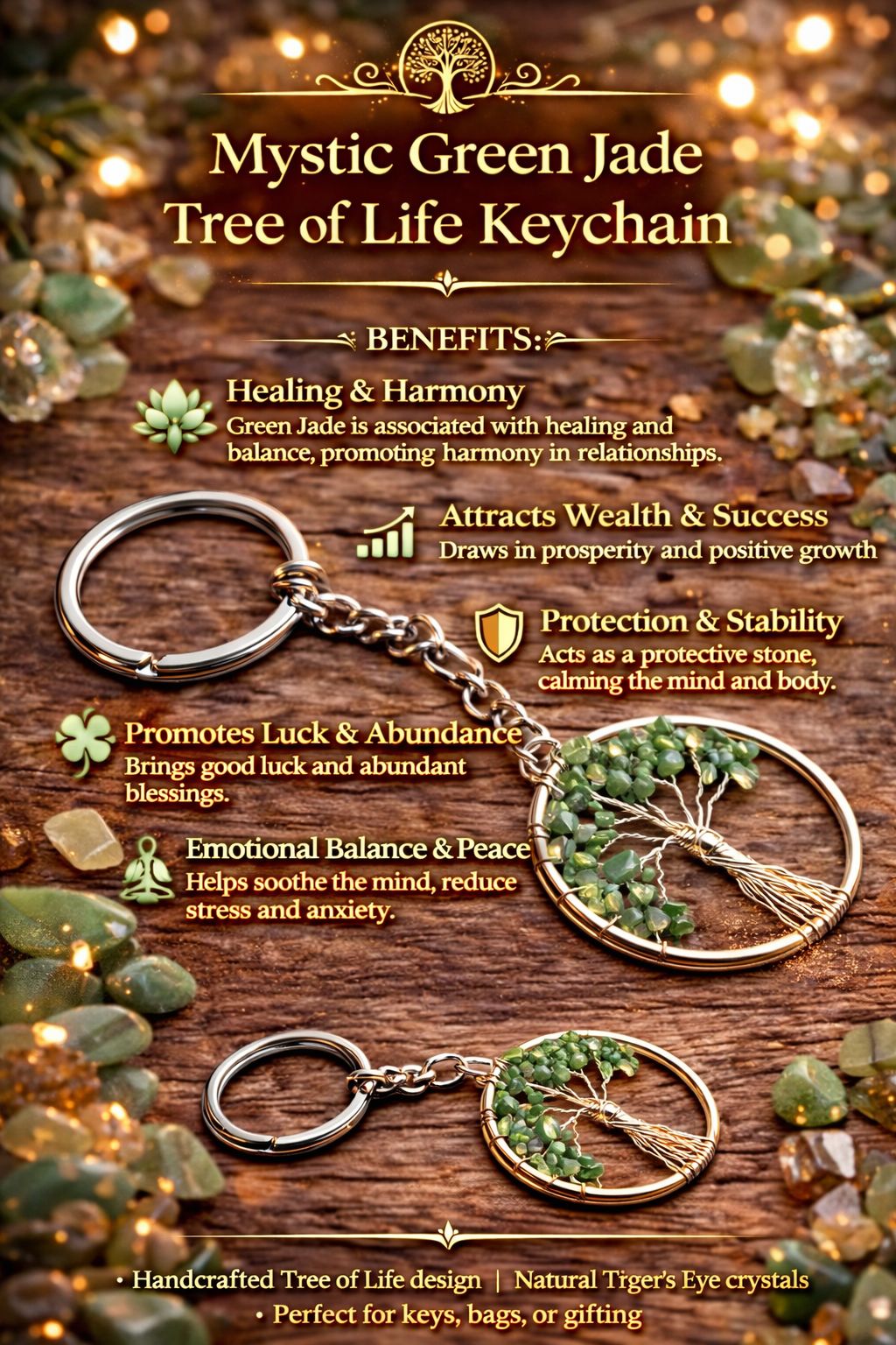 Tree of Life Crystal Keychain – Natural Healing Stone Keychain for Luck, Wealth, Protection & Positive Energy