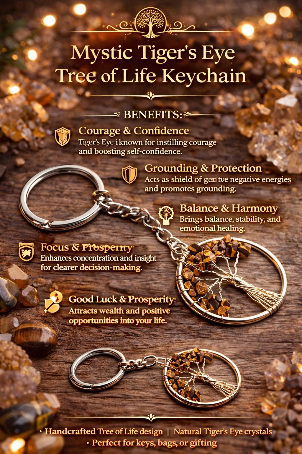 Tree of Life Crystal Keychain – Natural Healing Stone Keychain for Luck, Wealth, Protection & Positive Energy