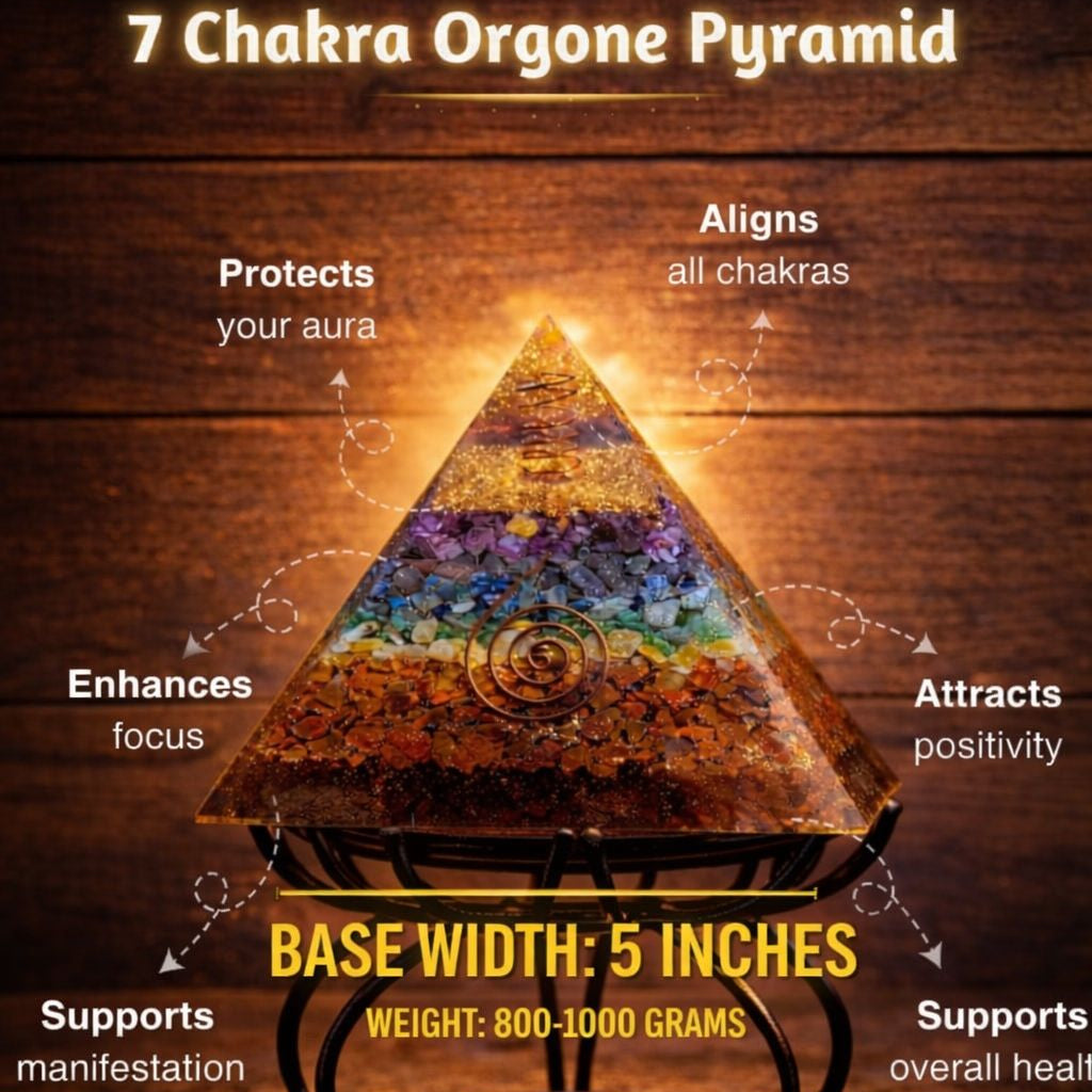 7 Chakra Orgone Pyramid (800g–1000g) – Energy Healing Crystal Pyramid for Chakra Balancing, Aura Protection, Positivity & Manifestation | Vastu & Meditation Pyramid (5 Inch Base)