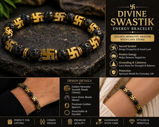 Divine Swastik Bracelet Collection - Tiger Eye & Obsidian, Green Jade, Amethyst, Malachite, and Lava Stone