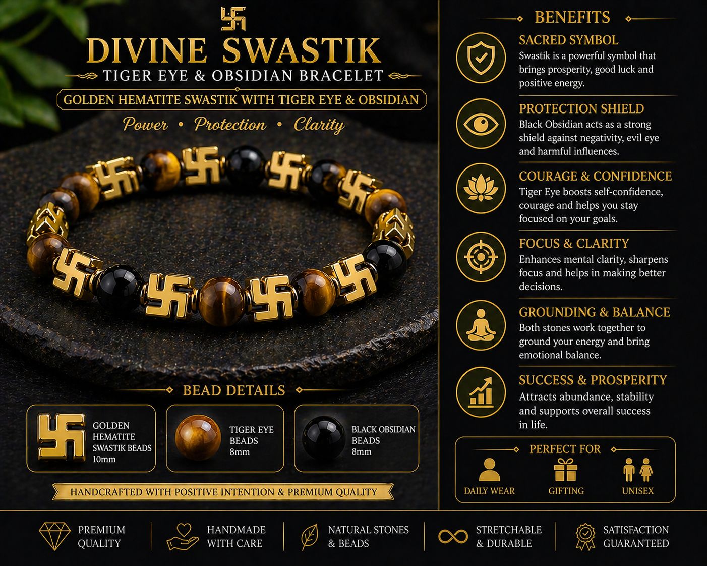 Divine Swastik Bracelet Collection - Tiger Eye & Obsidian, Green Jade, Amethyst, Malachite, and Lava Stone