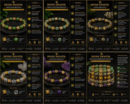 Divine Swastik Bracelet Collection - Tiger Eye & Obsidian, Green Jade, Amethyst, Malachite, and Lava Stone
