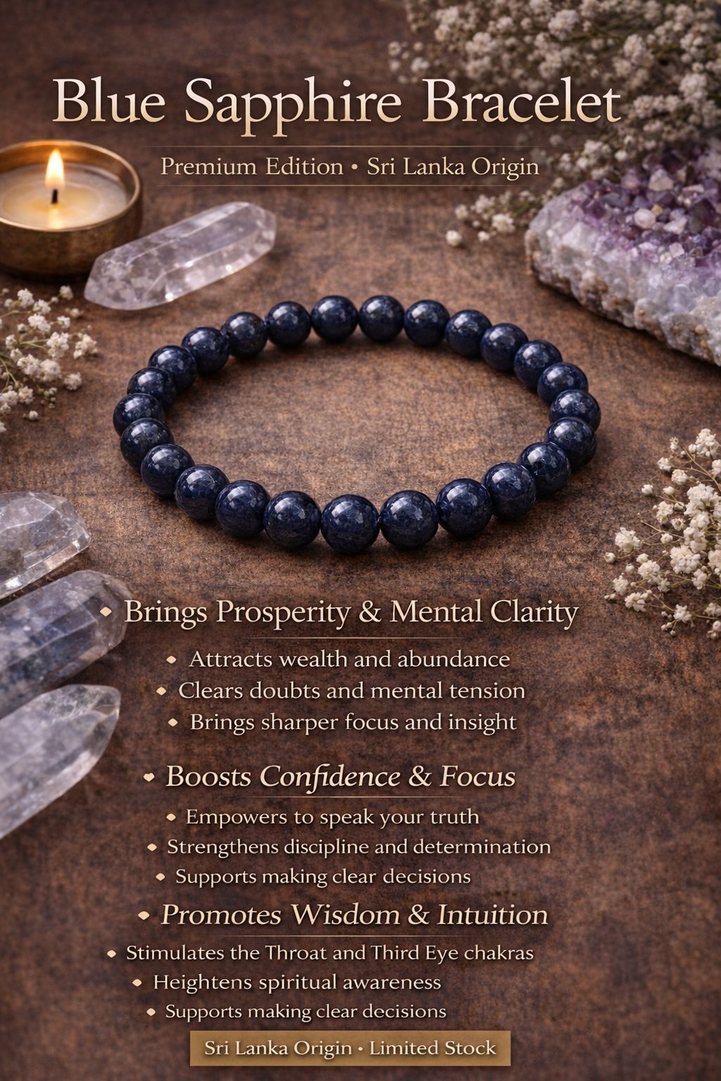 Blue Sapphire Bracelet for Prosperity, Focus & Protection | Sri Lanka Origin