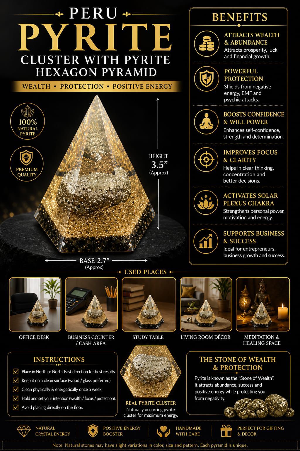 Peru Pyrite Cluster with Pyrite Hexagon Pyramid | Wealth, Protection & Positive Energy Crystal Pyramid for Home, Office & Business Success