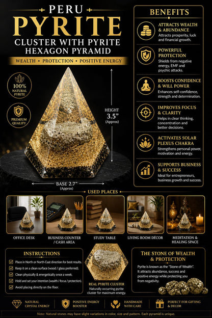 Peru Pyrite Cluster with Pyrite Hexagon Pyramid | Wealth, Protection & Positive Energy Crystal Pyramid for Home, Office & Business Success