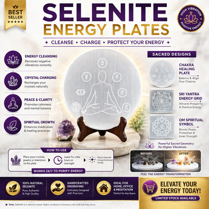 Selenite Energy Plate (Chakra / Sri Yantra / Om) – Crystal Charging & Energy Cleansing Board for Meditation, Healing & Positive Vibes