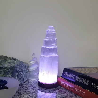 Selenite Tower Lamp with Multicolor LED Light | Aura Cleansing Crystal Lamp for Peace, Positivity & Abundance