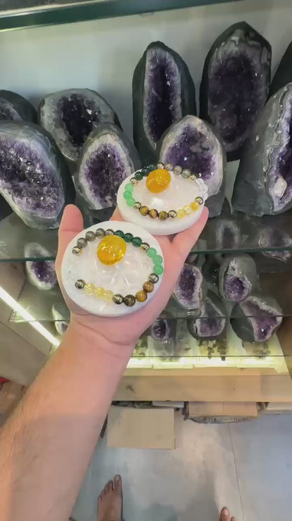 Business Growth & Money Energy Combo – Citrine, Selenite Charging Plate & DhanYog Bracelet for Wealth, Cashflow, Success & Confidence