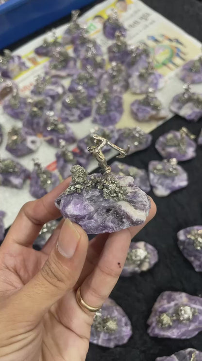 Pyrite Miner on Amethyst Cluster – Wealth & Abundance Crystal Decor | Handcrafted Prosperity Stone for Home & Office