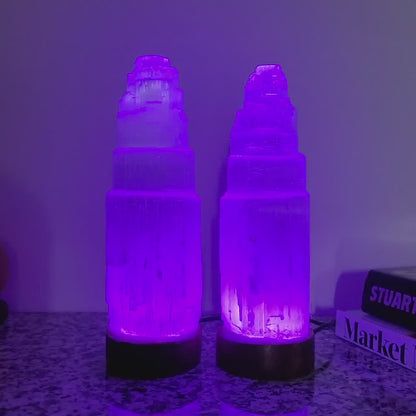Selenite Tower Lamp with Multicolor LED Light | Aura Cleansing Crystal Lamp for Peace, Positivity & Abundance